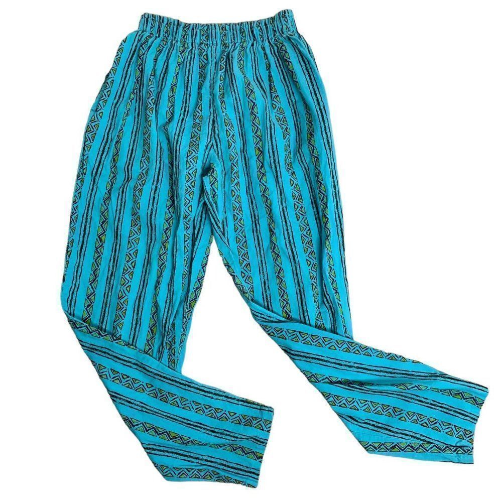Vintage 80s Pull On Parachute Pants S Blue Geometric Surf Vaporwave Gym Beach
